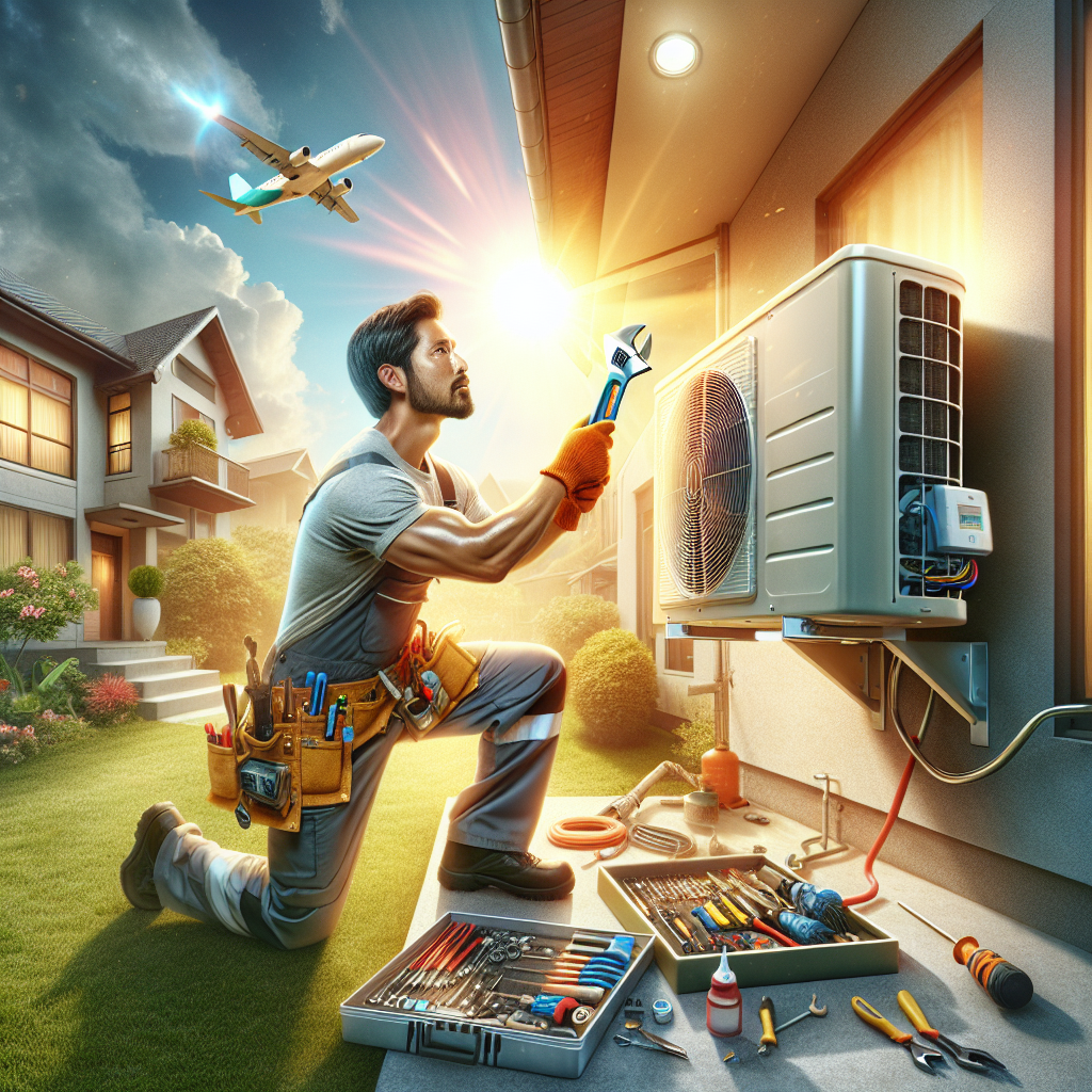 A realistic scene of a technician repairing an air conditioning unit outside a house on a sunny day.