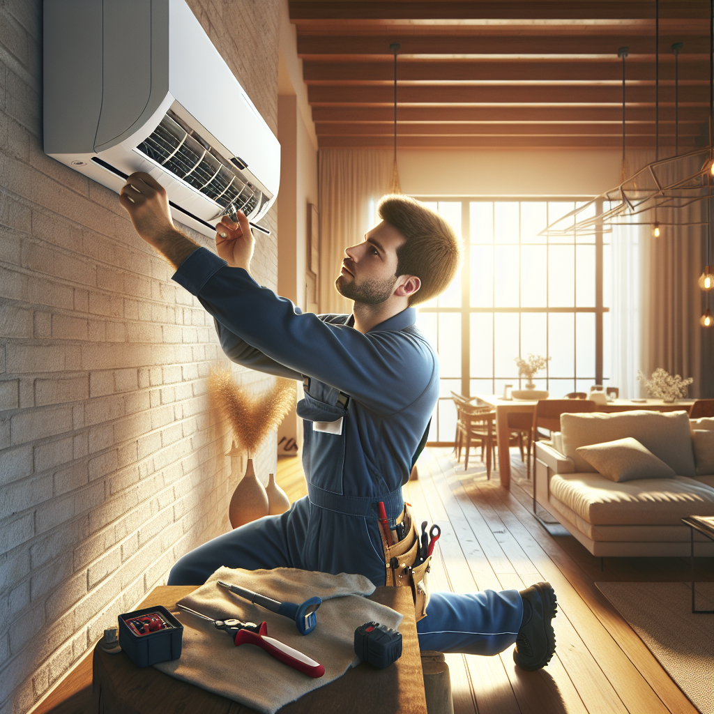 Technician repairing a broken air conditioning unit in a modern living room.