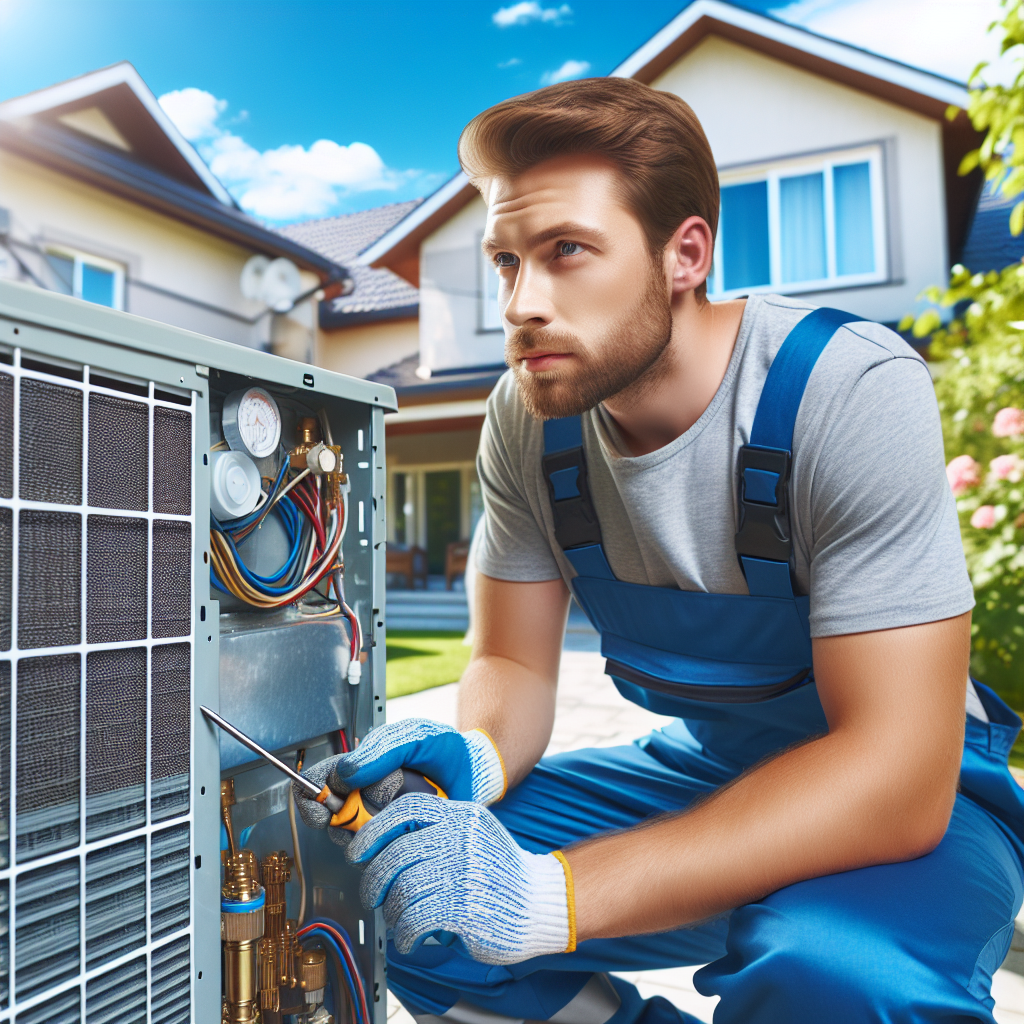 A technician repairing a malfunctioning air conditioning unit on a sunny day.