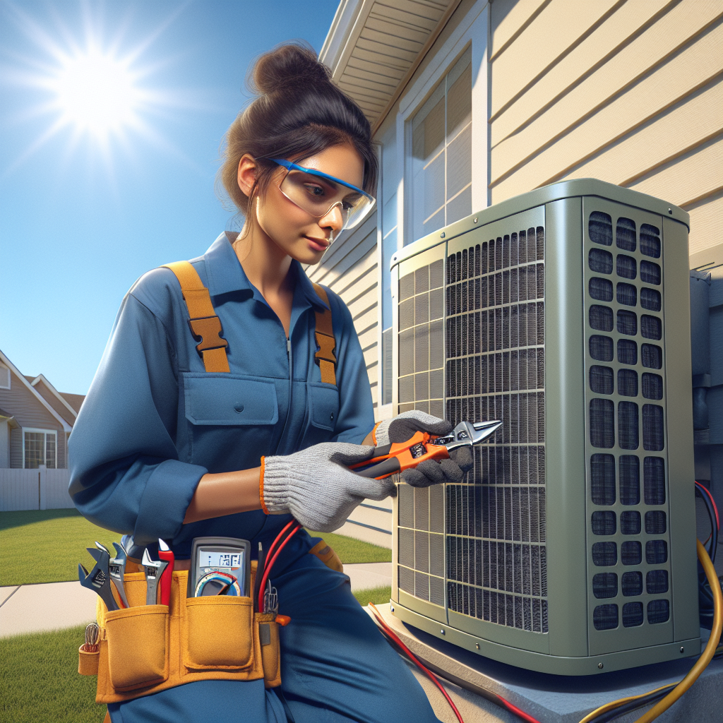 HVAC technician repairing an air conditioning unit on a sunny day.