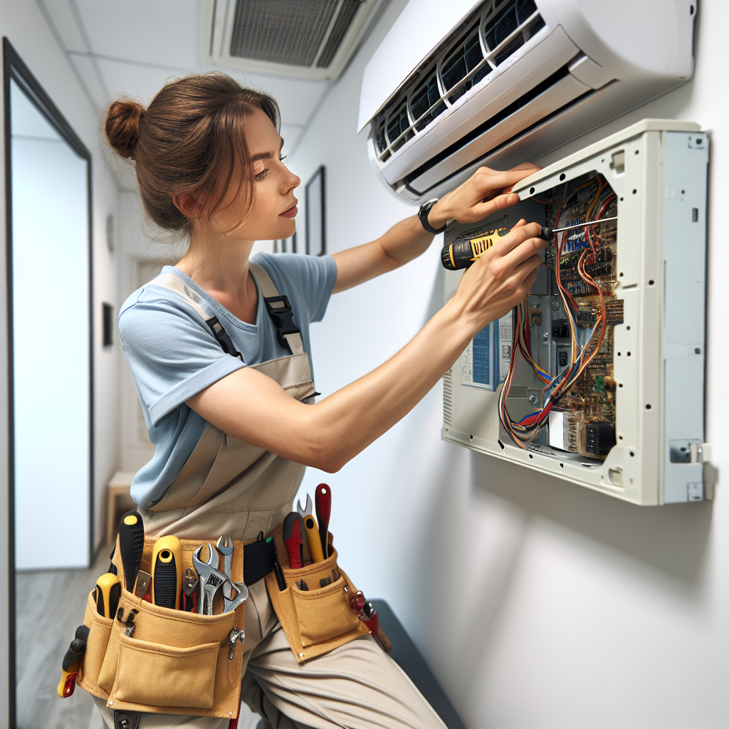 A technician working on repairing an air conditioning unit.