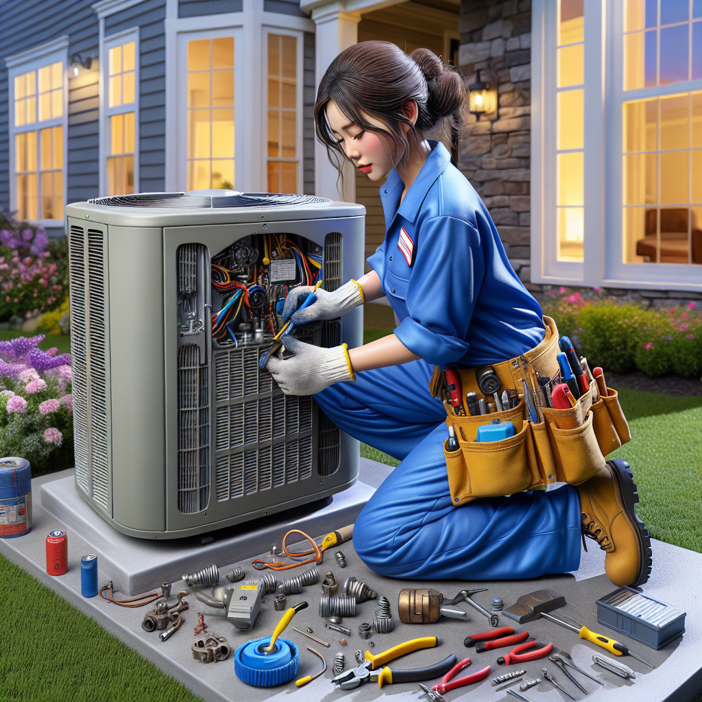 An air conditioning technician diagnosing and repairing an outdoor AC unit at a suburban home.