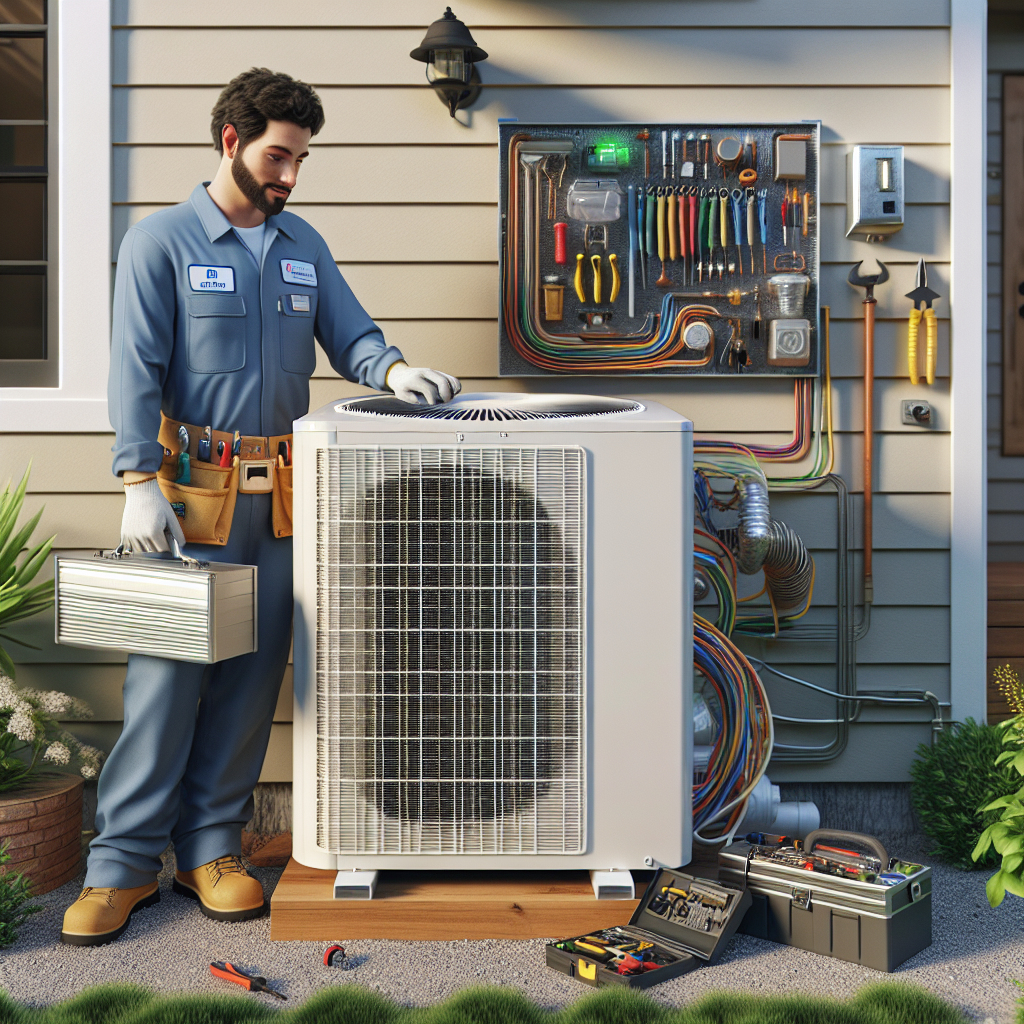 An AC repair technician working on an outdoor air conditioning unit with detailed parts and tools.