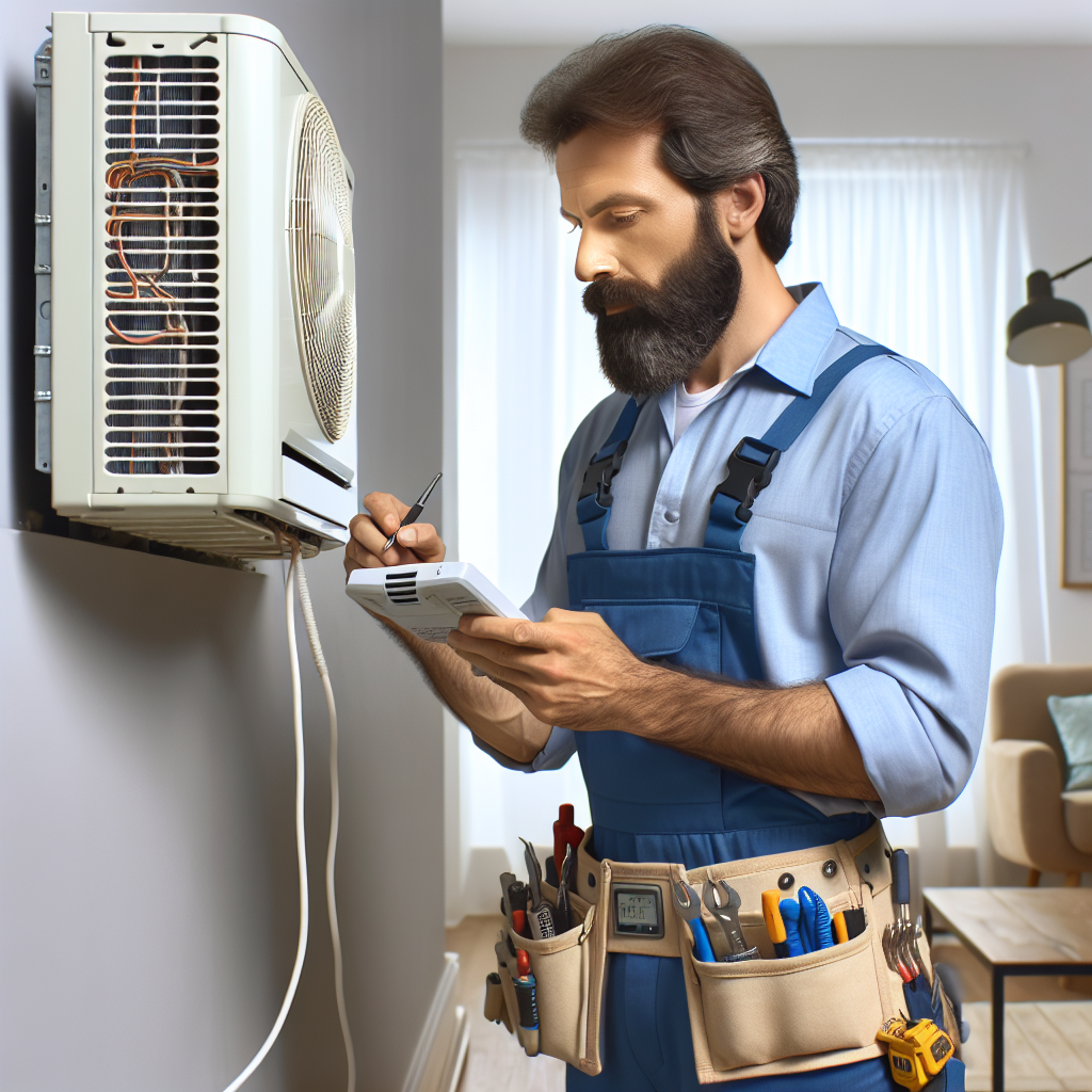 A technician diagnosing an AC unit in a residential setting.