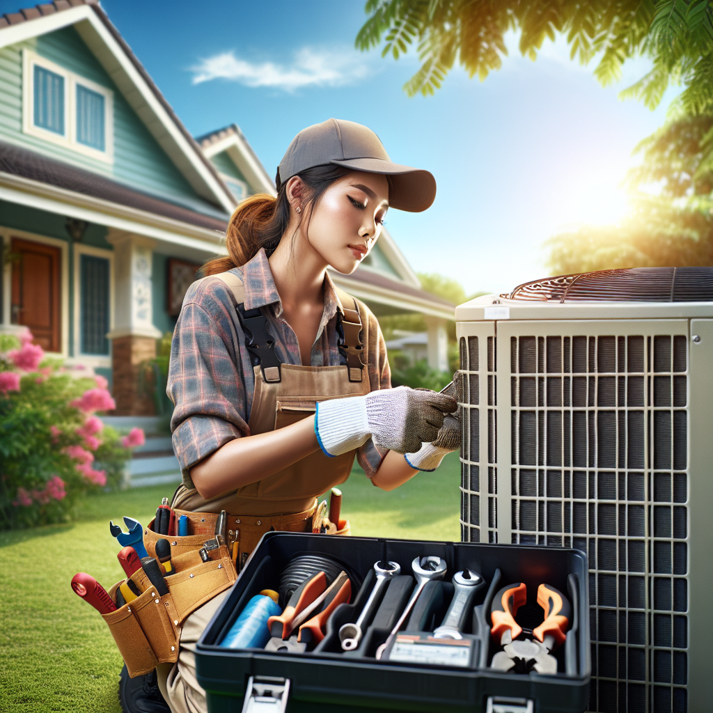 An HVAC technician repairing an outdoor air conditioning unit in front of a suburban home.