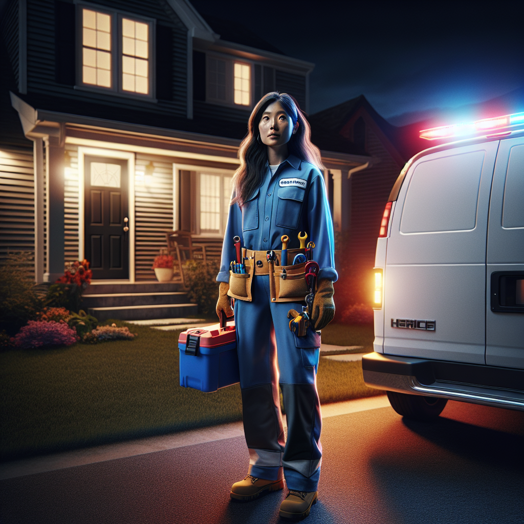 A realistic image of an HVAC technician arriving at a home at night for an emergency service call.