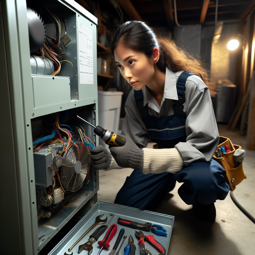 HVAC technician repairing a heating and cooling system inside a home.