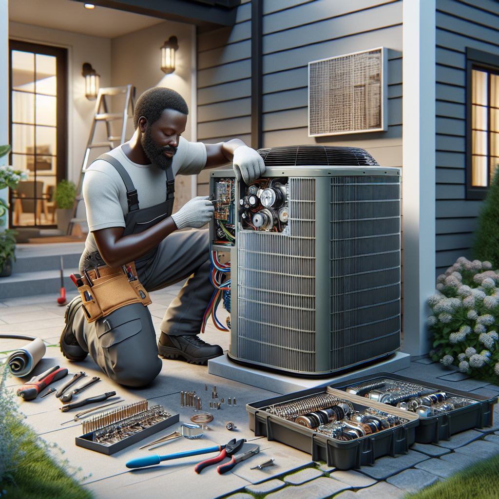 A technician installing a new HVAC unit outside a suburban home, with tools and parts around.