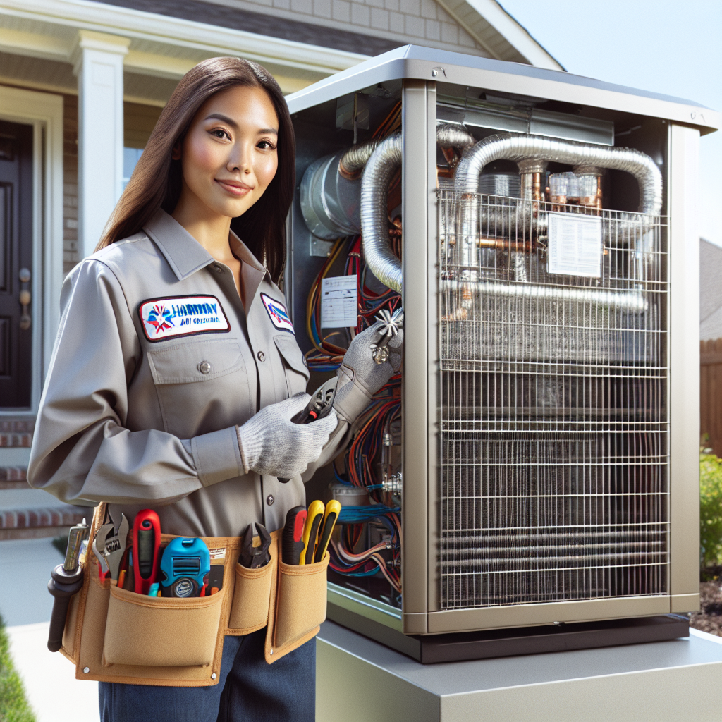 HVAC technician inspecting a modern HVAC unit outside a residential home.