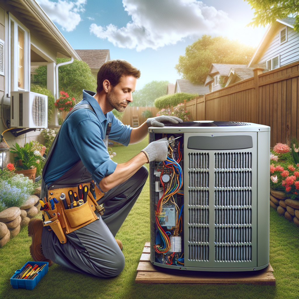 HVAC technician repairing an air conditioning unit in a suburban backyard.