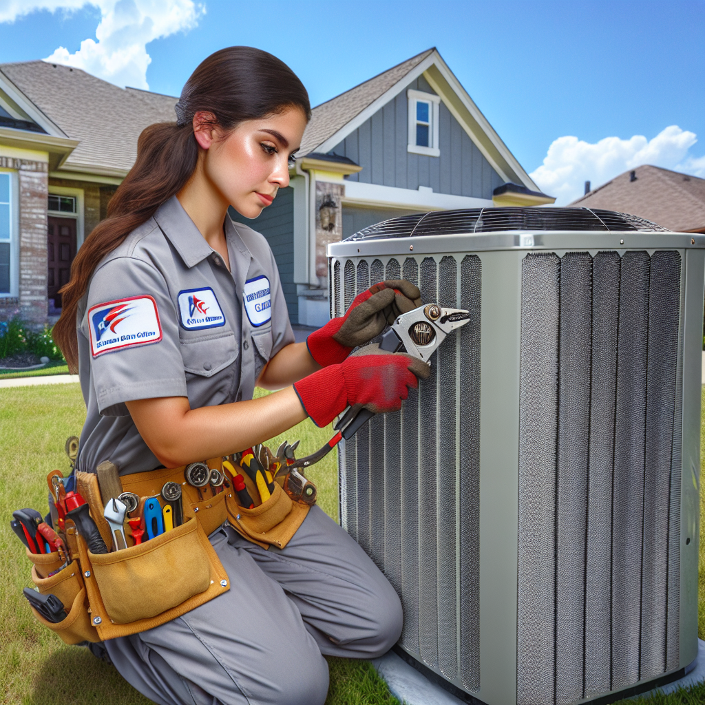 HVAC technician repairing an air conditioning unit outside a suburban home.