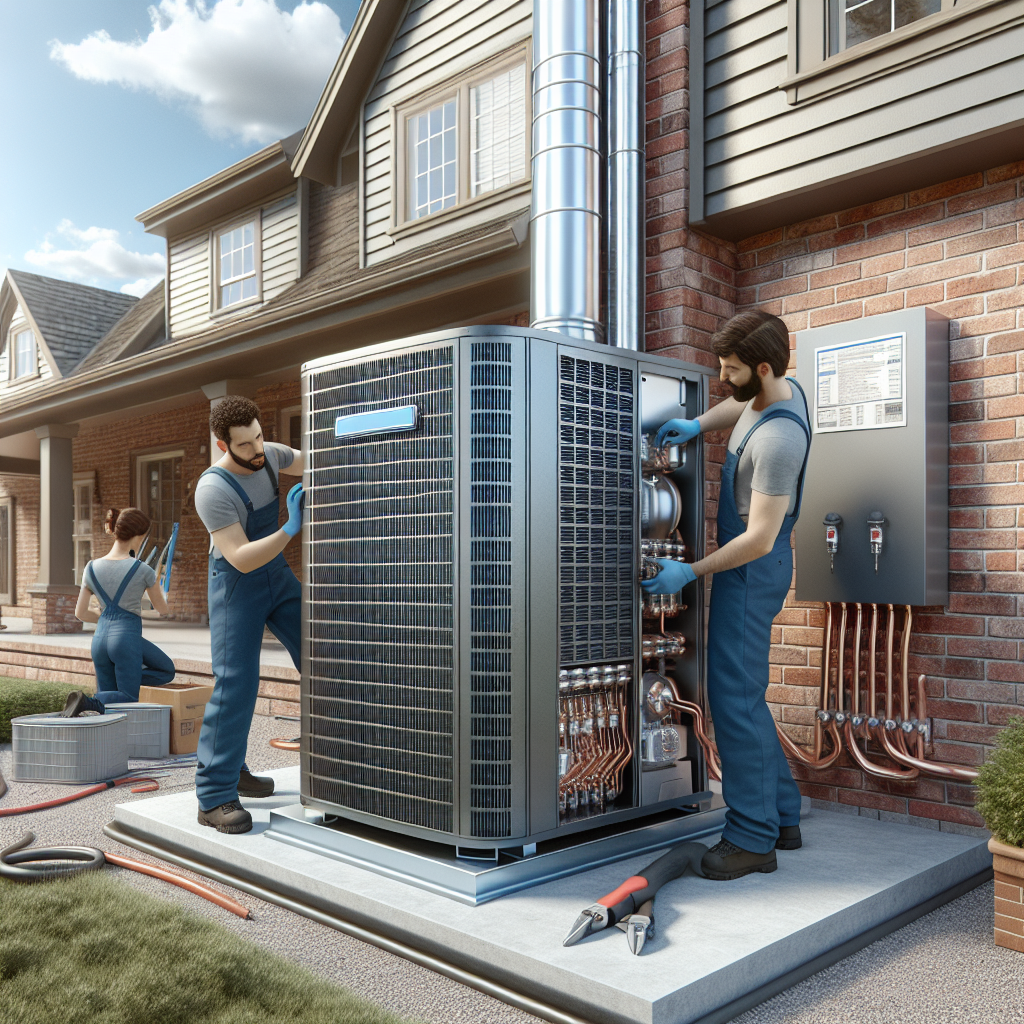 Technicians installing a modern HVAC unit outside a brick house.