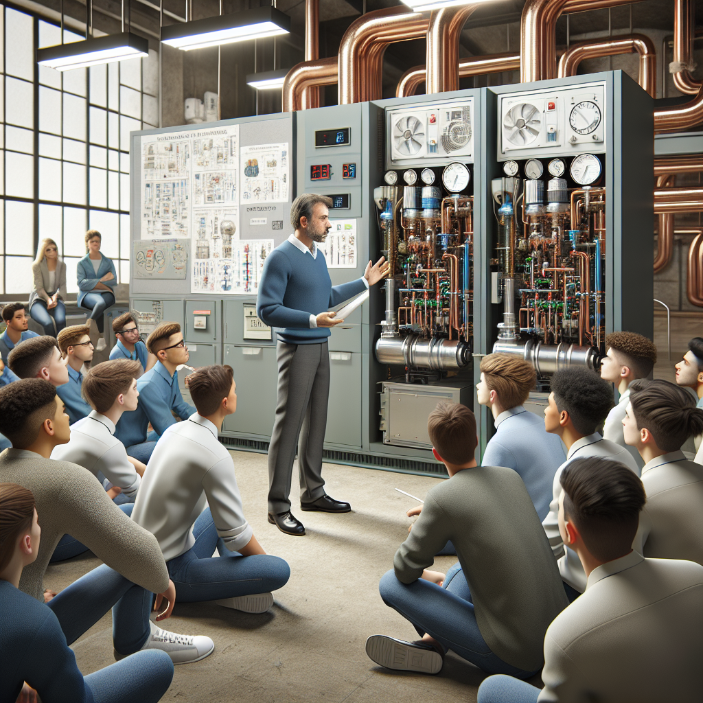 Students in an HVAC classroom learning about a modern HVAC system from an instructor.