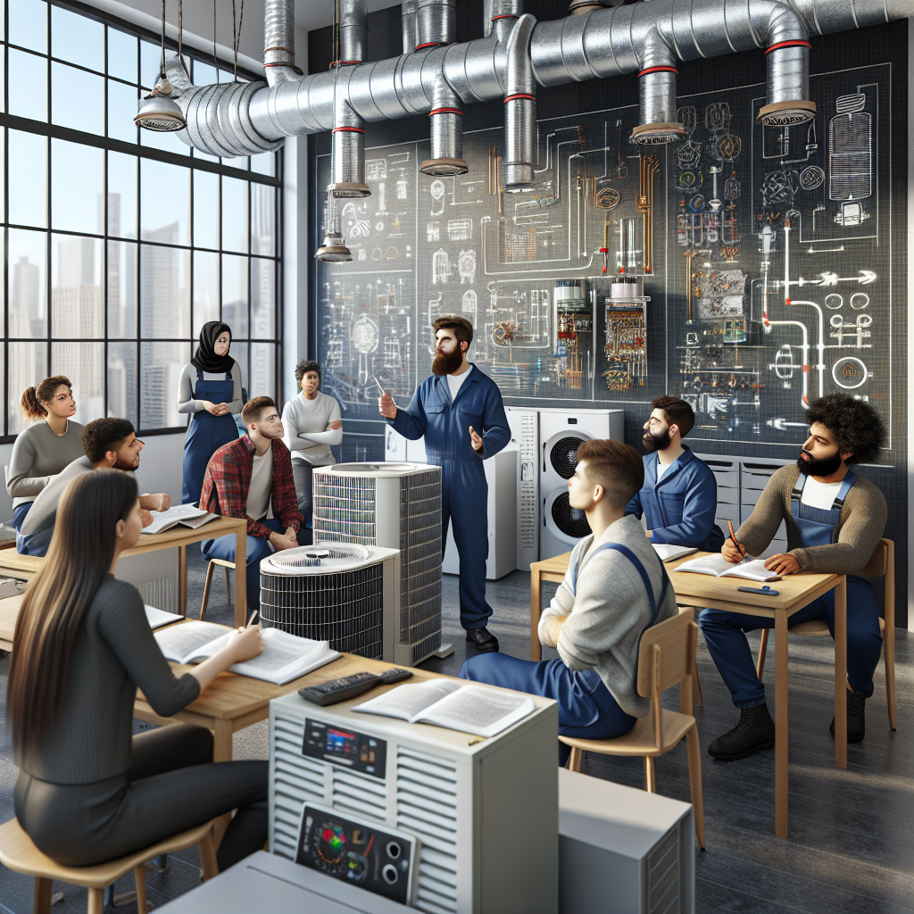 A realistic depiction of an HVAC classroom with students learning from an instructor, surrounded by various HVAC equipment.