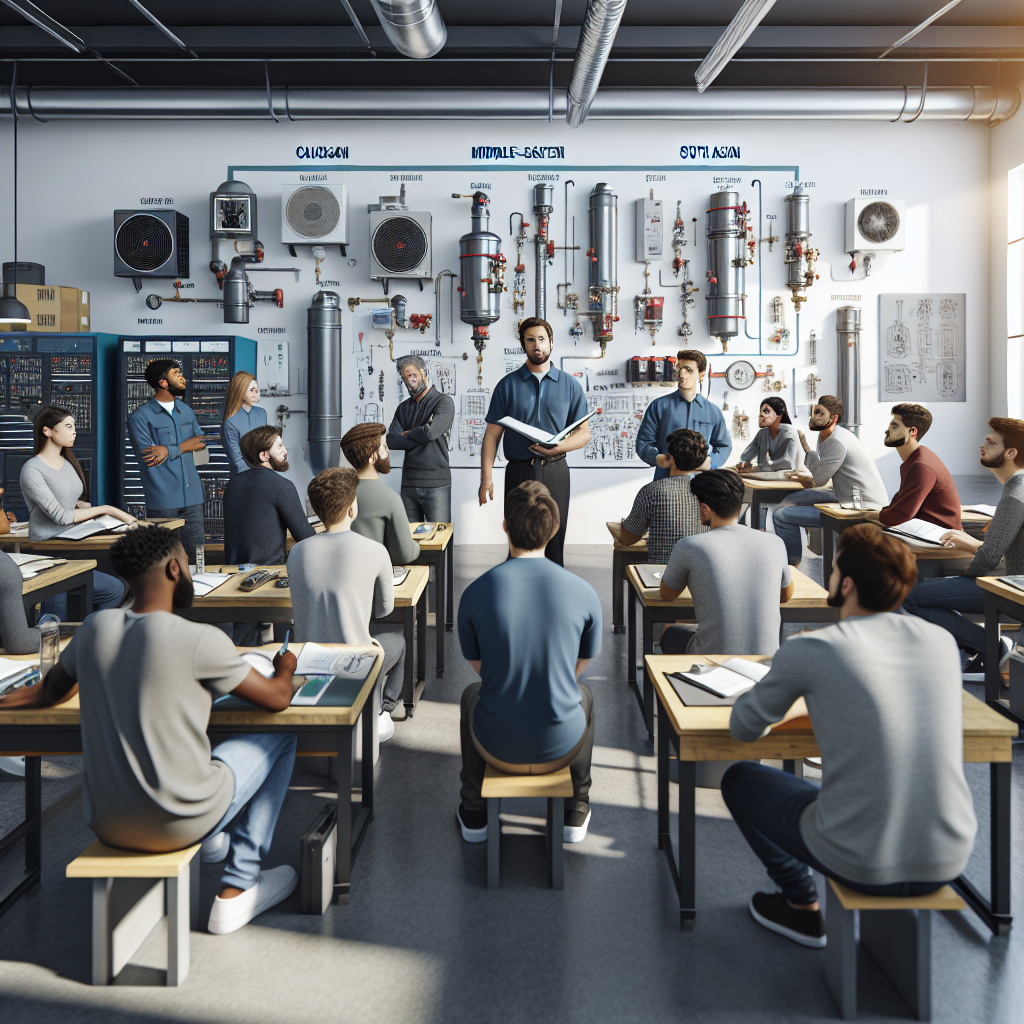 Diverse students in an HVAC maintenance classroom actively participating in hands-on learning with modern equipment.