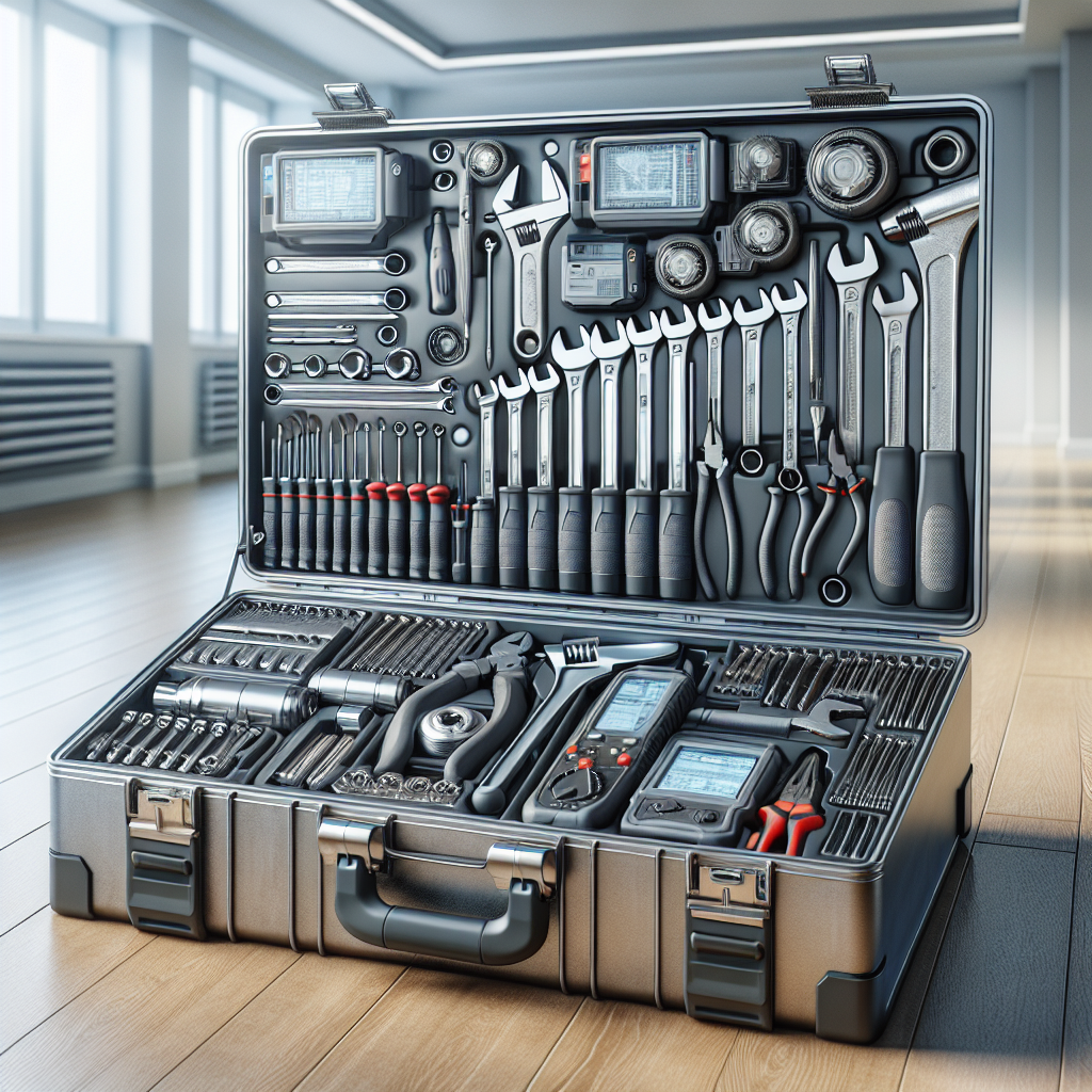 A realistic depiction of an HVAC maintenance tool kit with a variety of tools in a well-lit workspace.