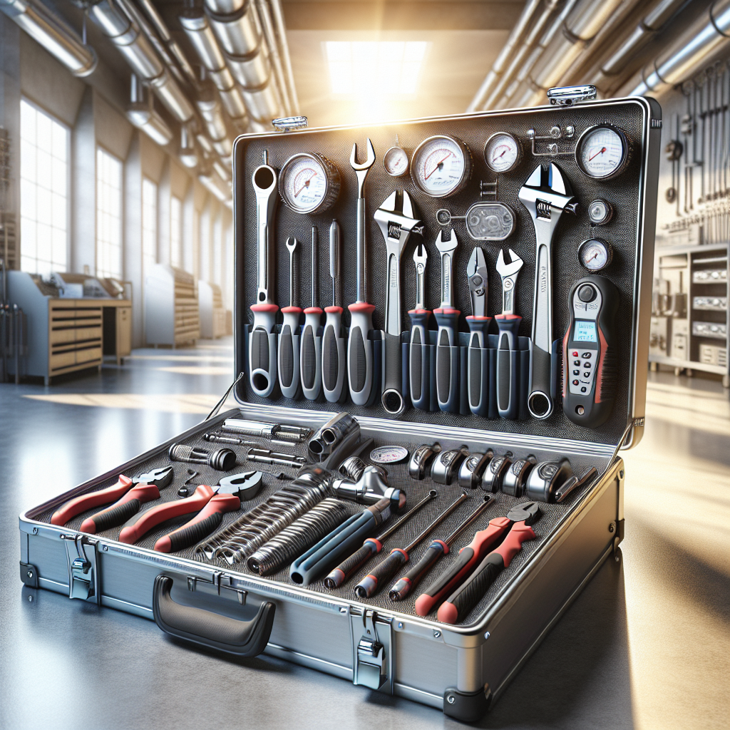 A realistic image of a comprehensive HVAC maintenance tool kit, showcasing various tools arranged neatly in an open case.