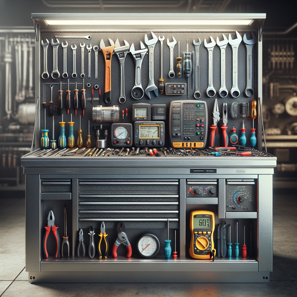 An HVAC maintenance tool kit arranged on a metallic workbench in a professional workshop setting.