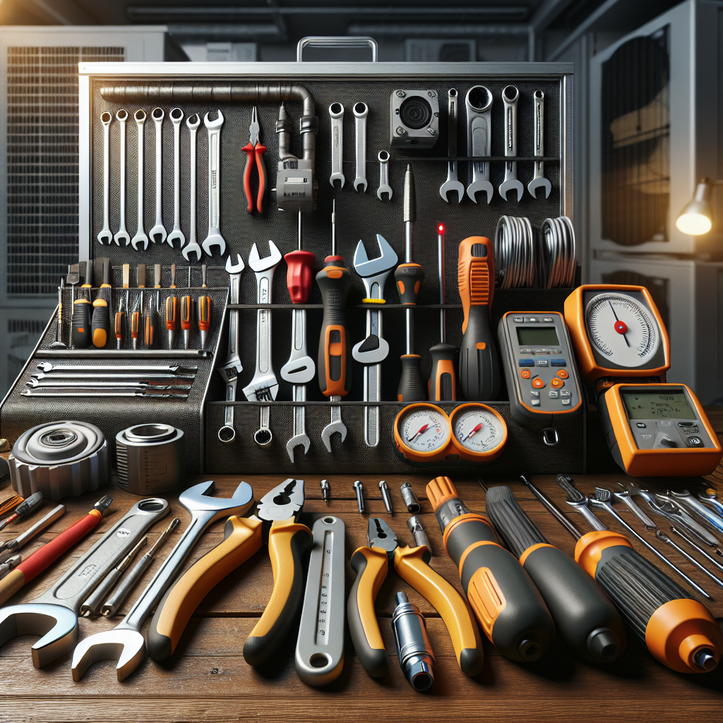 A comprehensive HVAC maintenance tool kit on a wooden workbench with various tools and advanced diagnostic equipment.