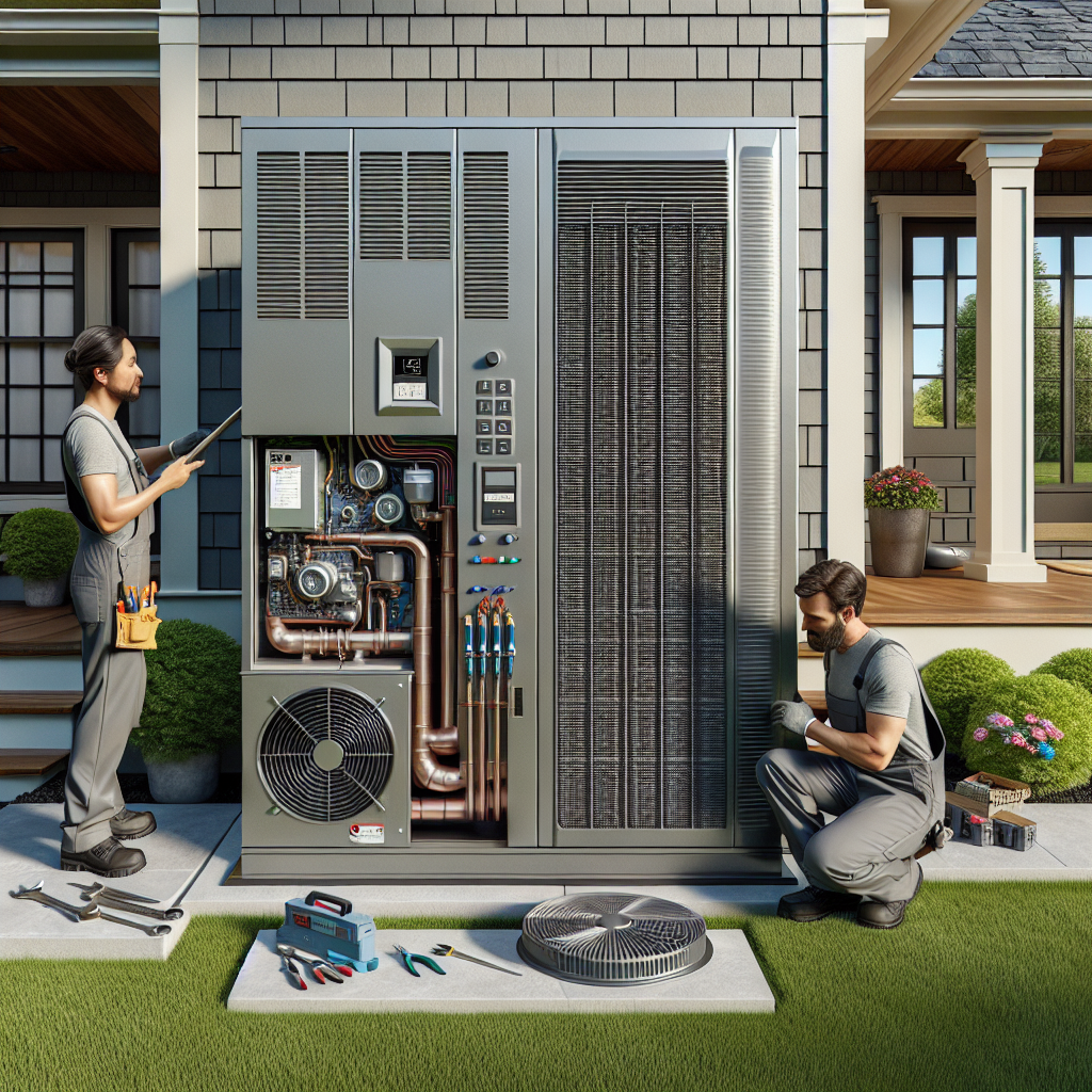 Technicians installing a modern HVAC unit beside a house with a green lawn and flowers.