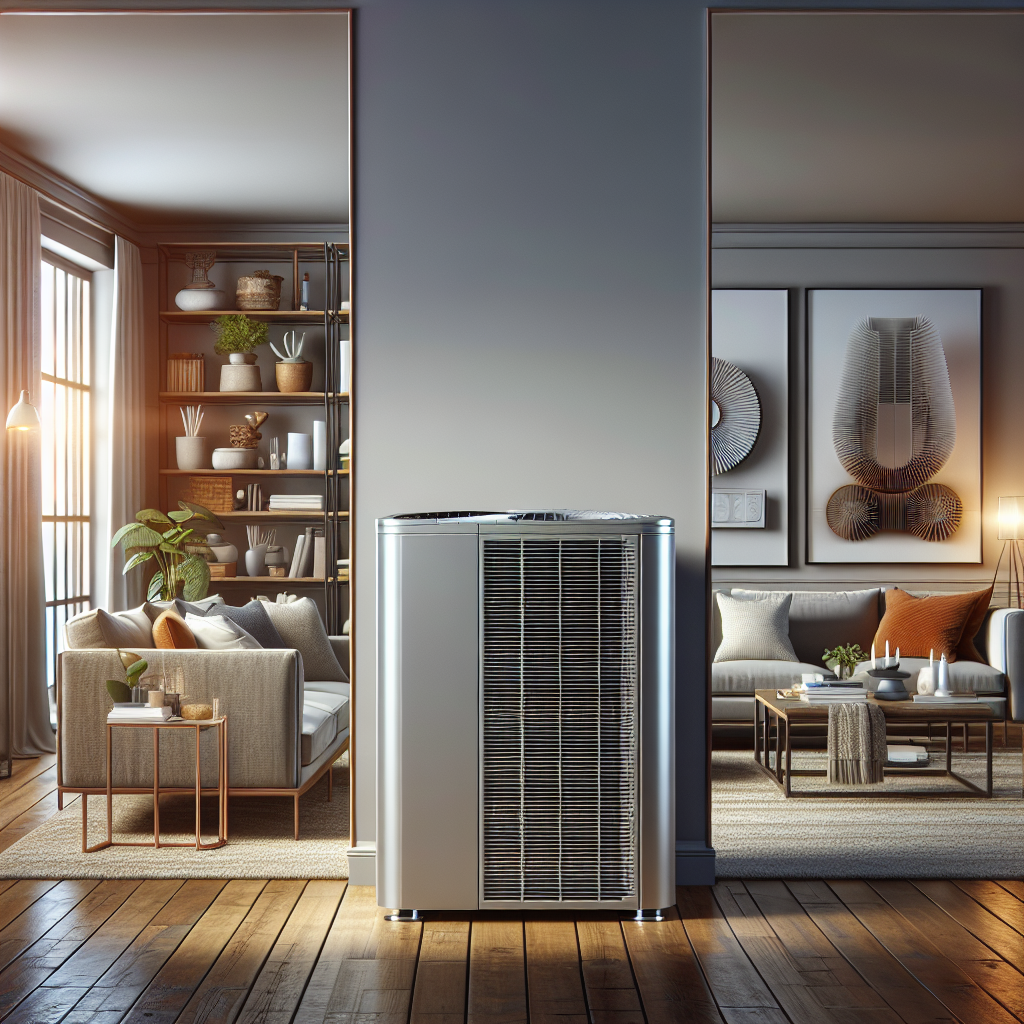 Realistic image of a modern HVAC unit in a cozy, sunlit living room.