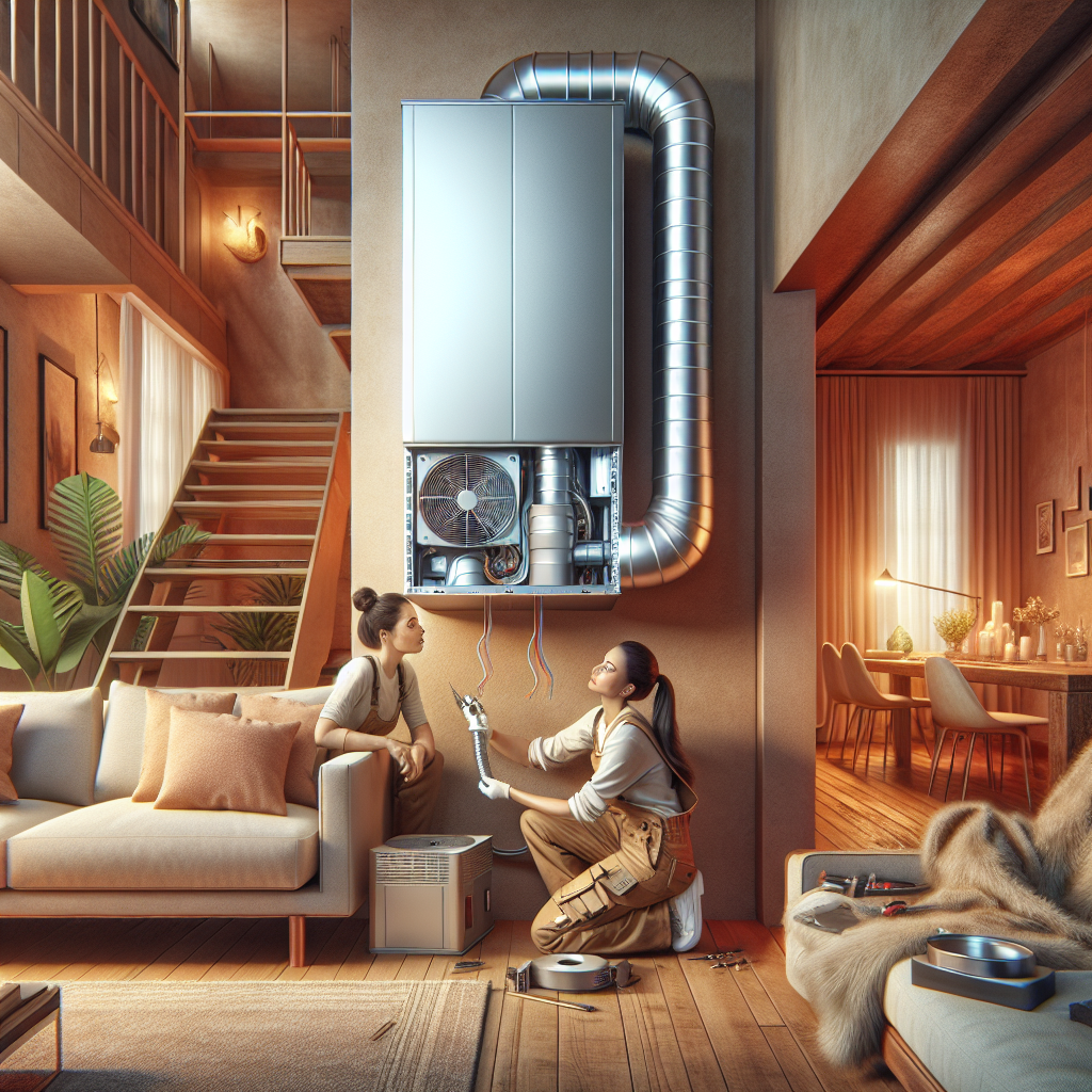 A realistic image of a modern HVAC system being replaced by a technician in a cozy residential home setting.