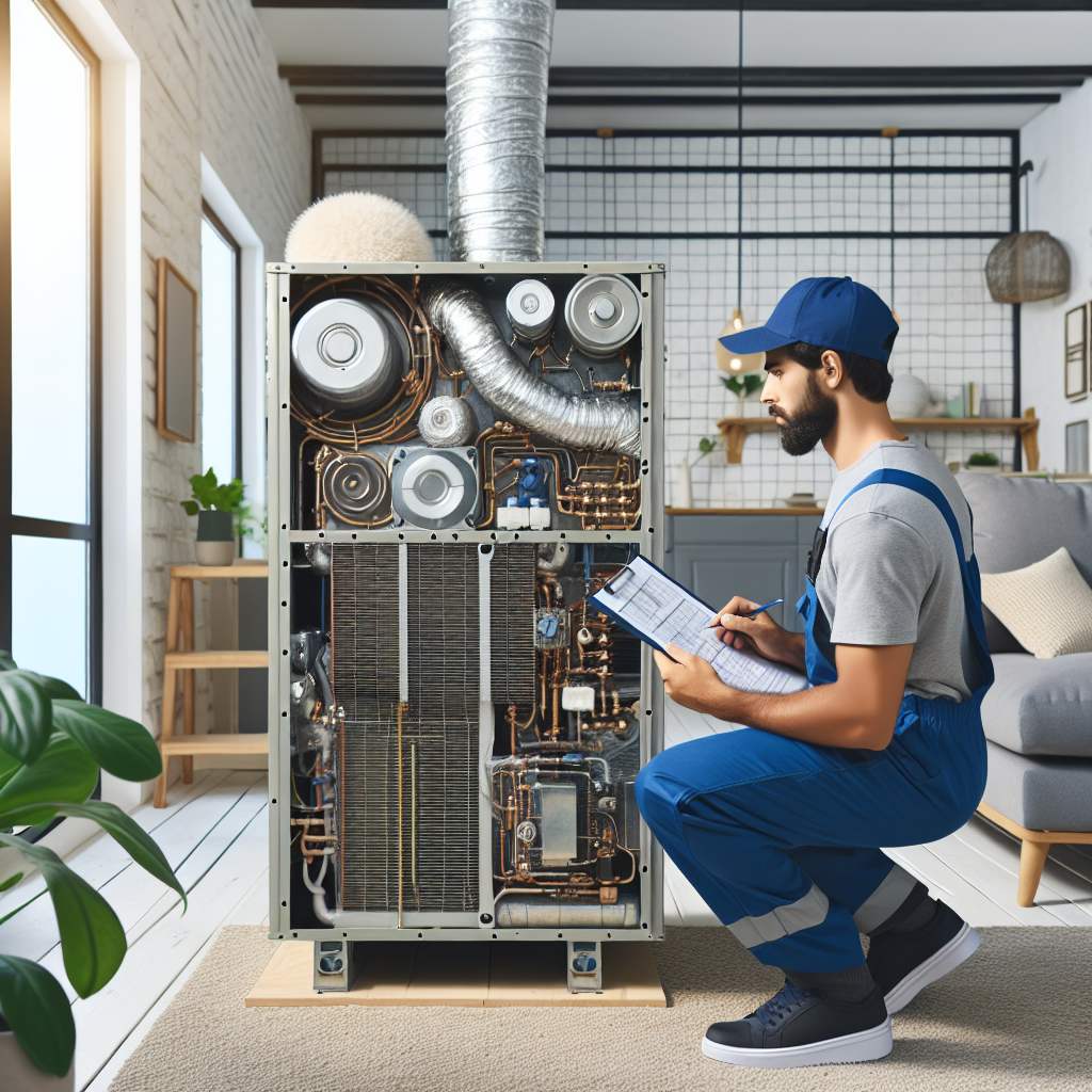 A technician inspecting a modern HVAC unit in a home interior.