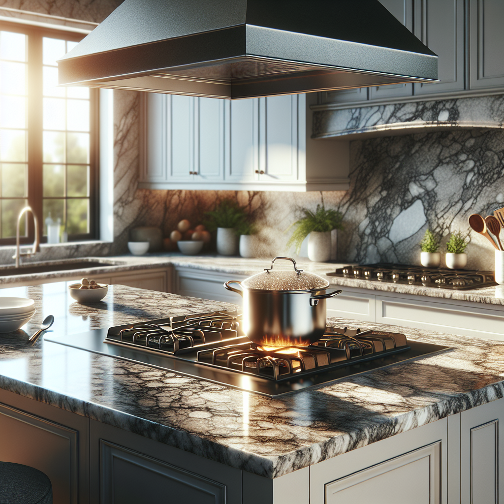 Realistic image of a durable, luxurious granite kitchen countertop in a sunlit kitchen, demonstrating resistance to heat and scratches, without any text or logos.