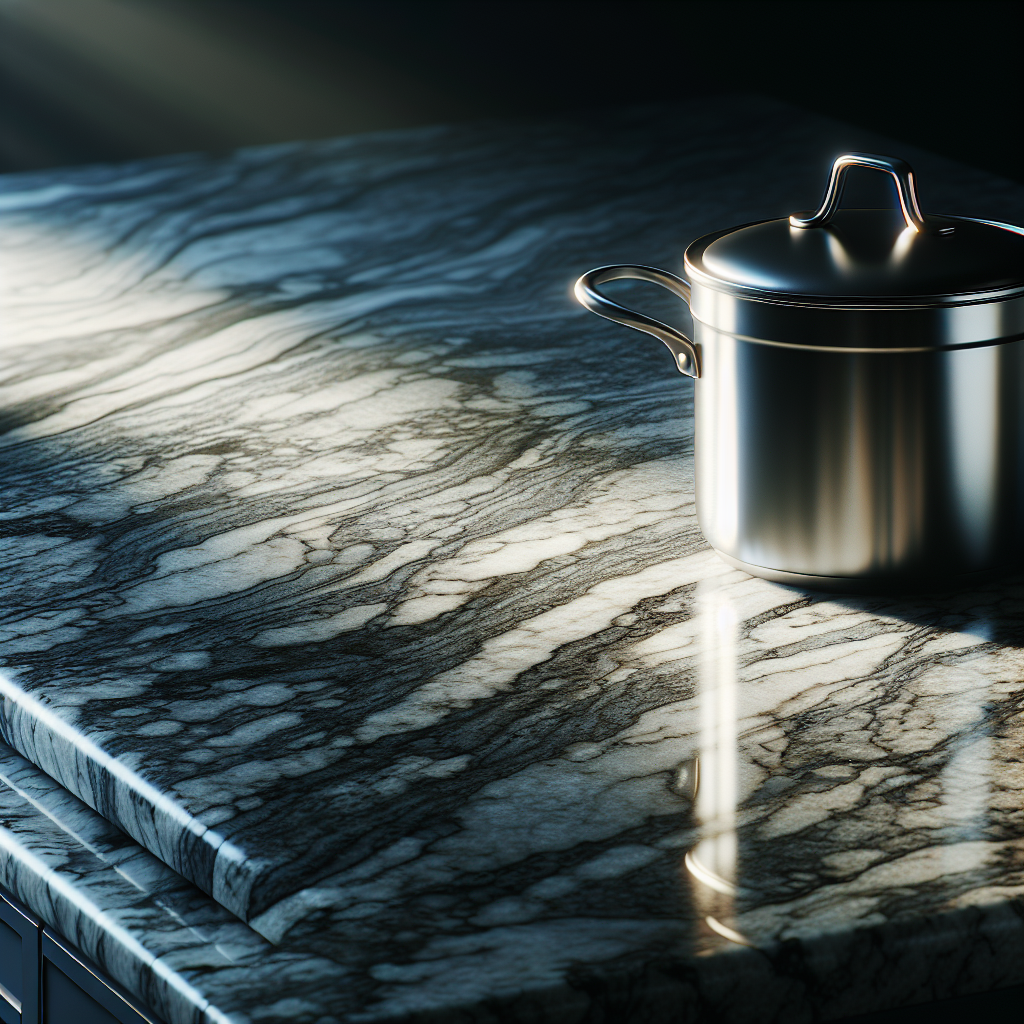 Polished granite countertop with intricate natural patterns in shades of gray, white, and black, with a stainless steel pot on it, reflecting gentle lighting.