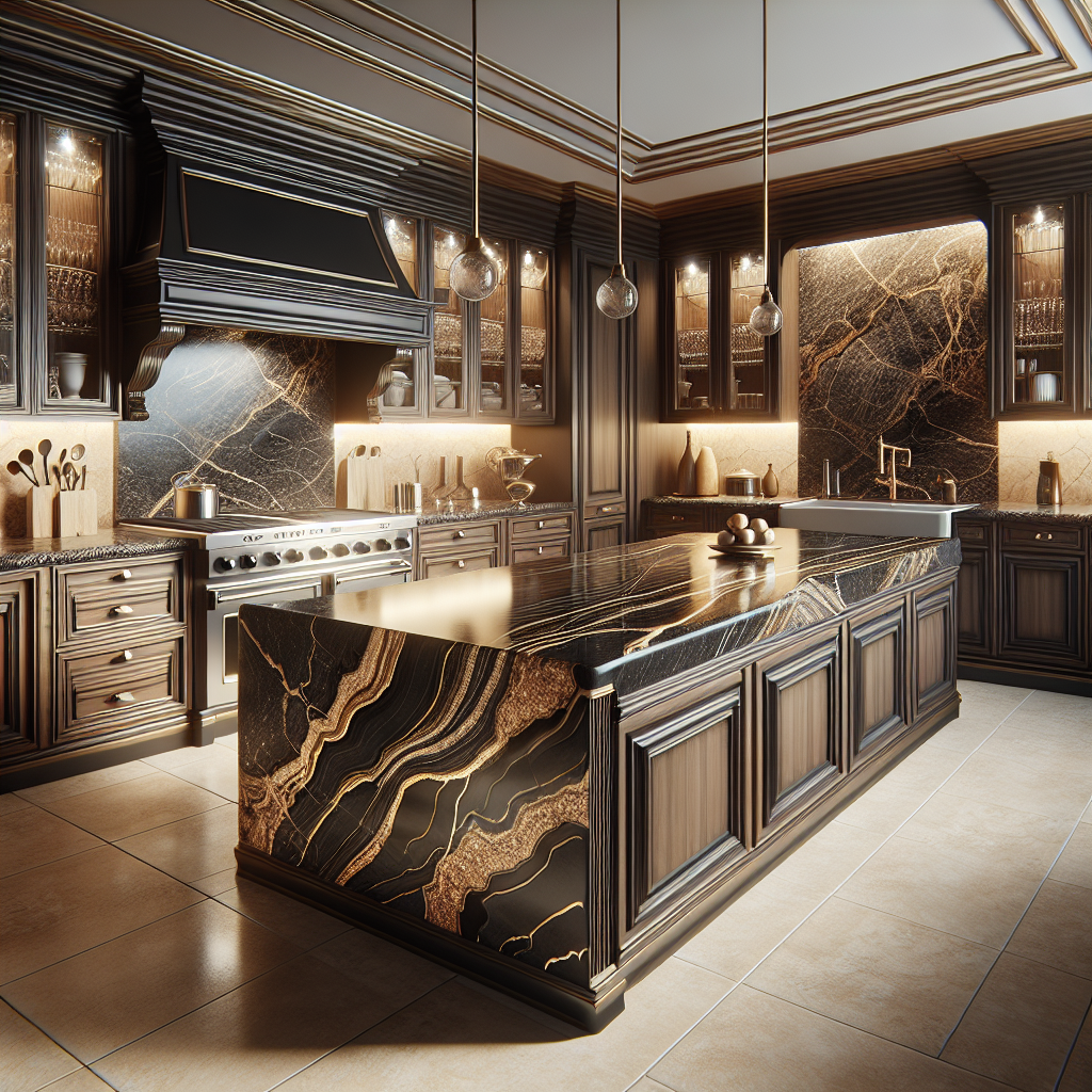 Luxurious kitchen with a polished black and gold veined granite countertop, wooden cabinets, and stainless steel appliances.