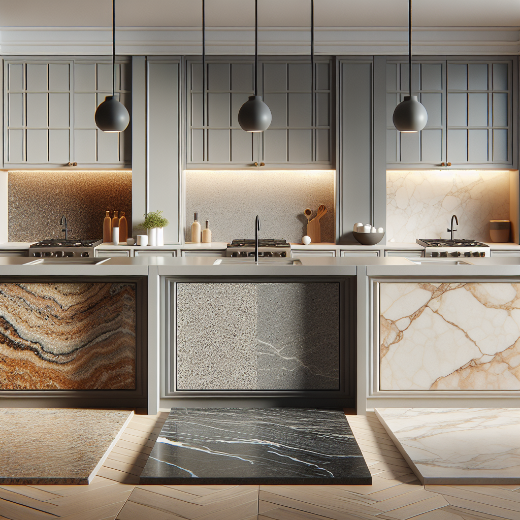 Three sections of kitchen countertops displaying granite, quartz, and porcelain materials in a realistic style, with attention to their unique textures and colors.