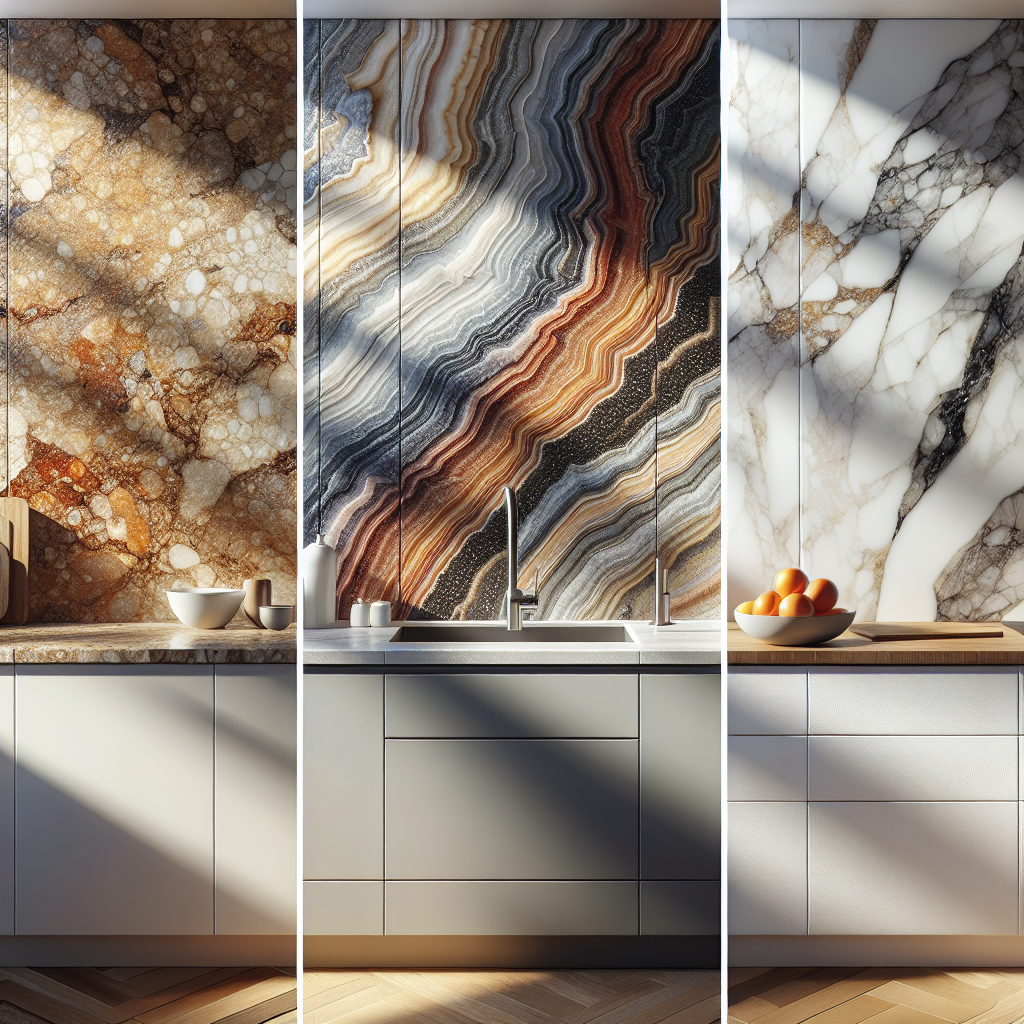 Three kitchen countertops, depicting granite, quartz, and porcelain materials in a well-lit kitchen with natural sunlight.