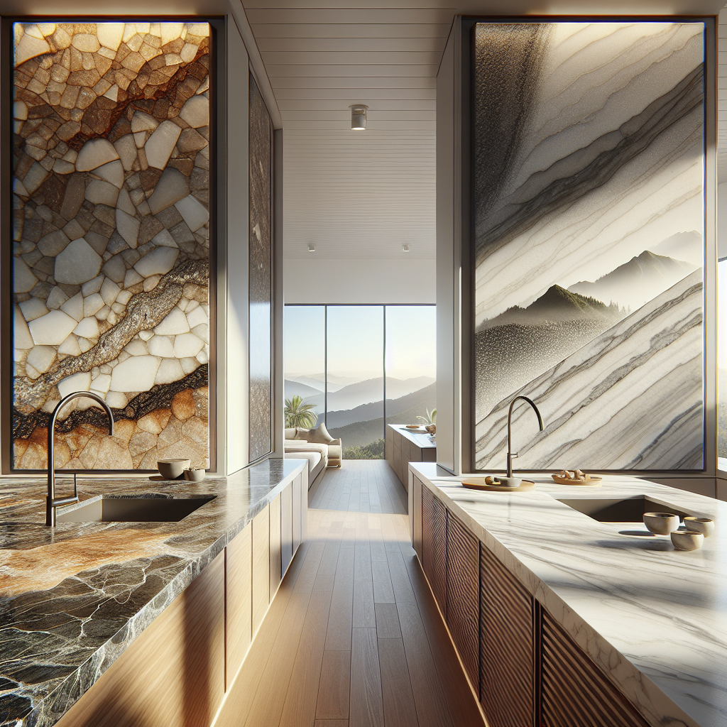 Three sections of custom countertops showcasing granite, quartz, and porcelain in a realistic, detailed, and textured display under natural lighting.