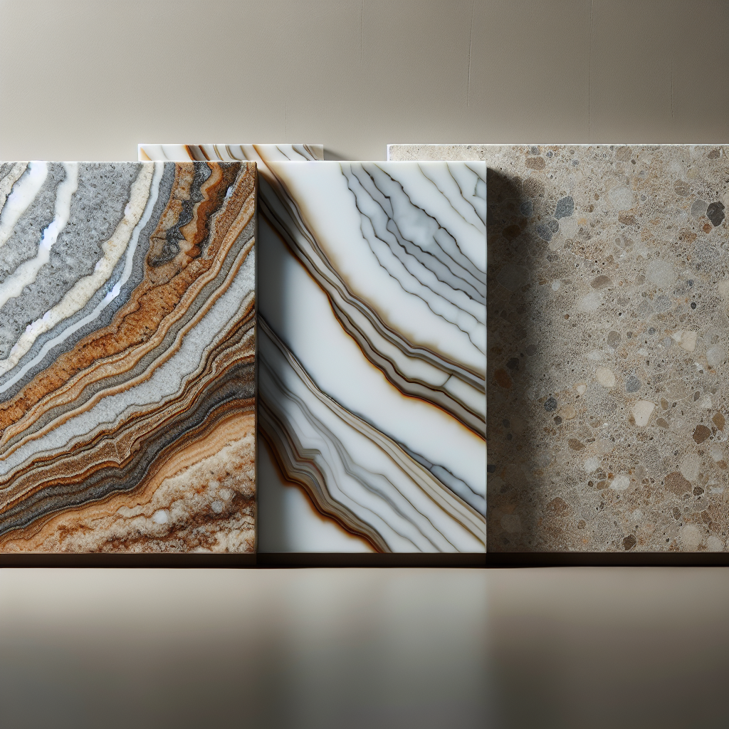 Realistic kitchen countertop samples in granite, quartz, and porcelain arranged in a row with natural lighting.