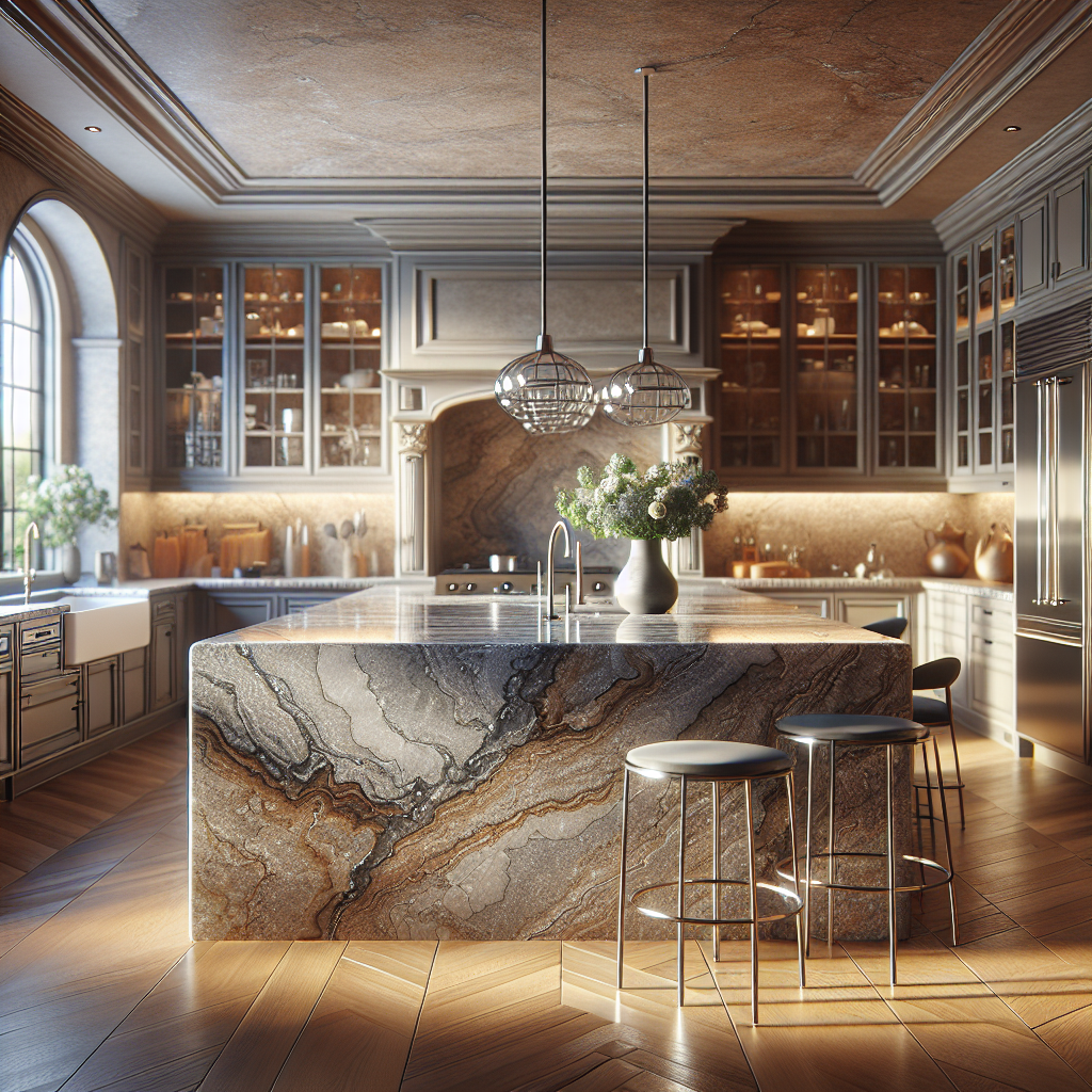 Luxurious kitchen interior with polished granite countertop featuring unique grey and brown patterns, complemented by steel appliances and wooden cabinets, with warm natural lighting.