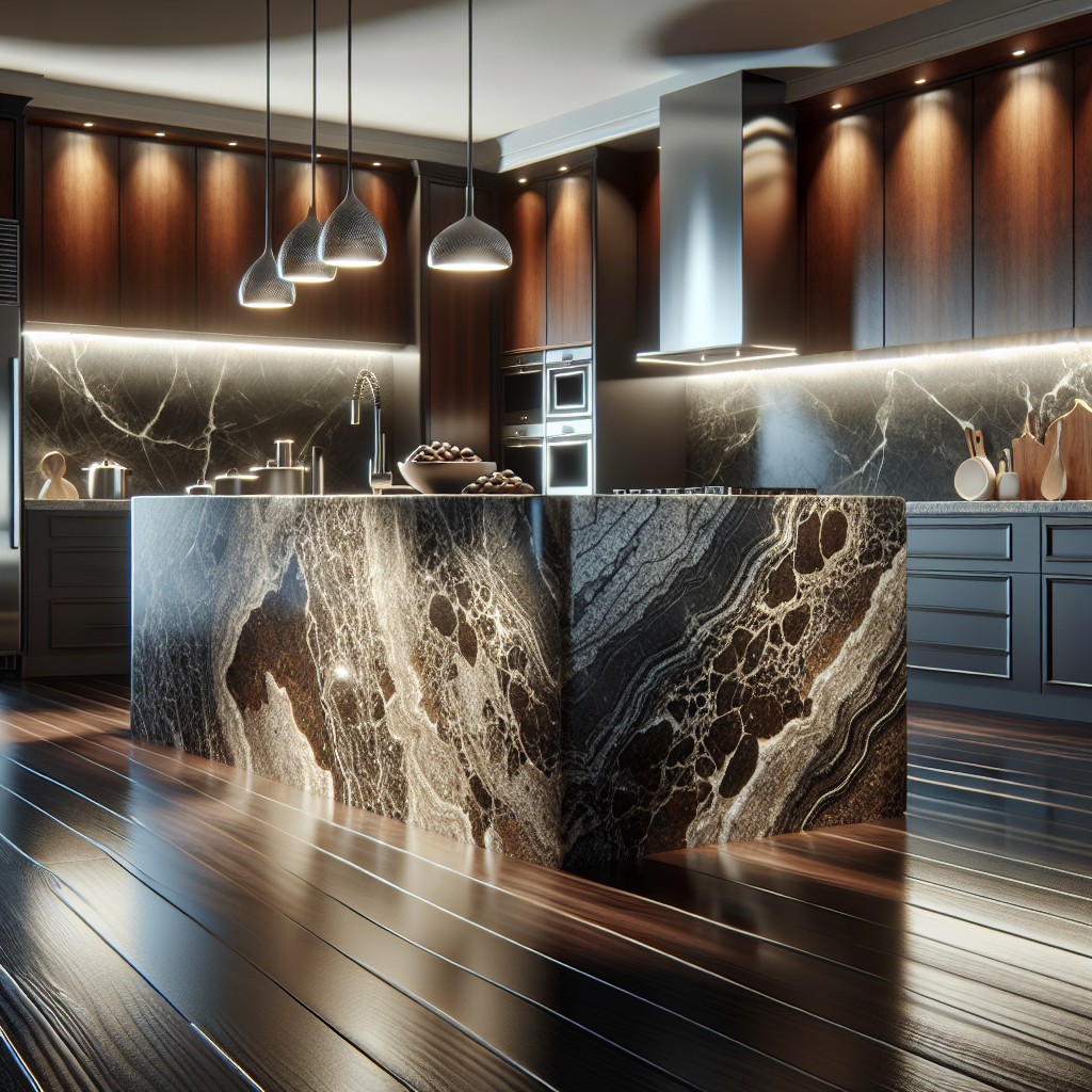 A realistic image of polished granite countertop in a luxurious modern kitchen, displaying unique patterns and a smooth and shiny surface, complemented by high-end appliances and dark wooden cabinets.