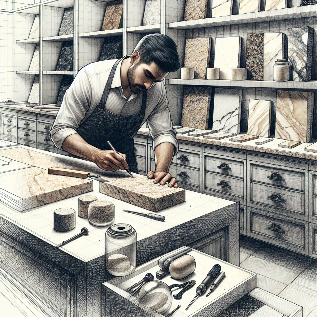 Artisan shaping and polishing stone countertops in a well-lit workshop with a variety of granite, porcelain, and quartz materials.