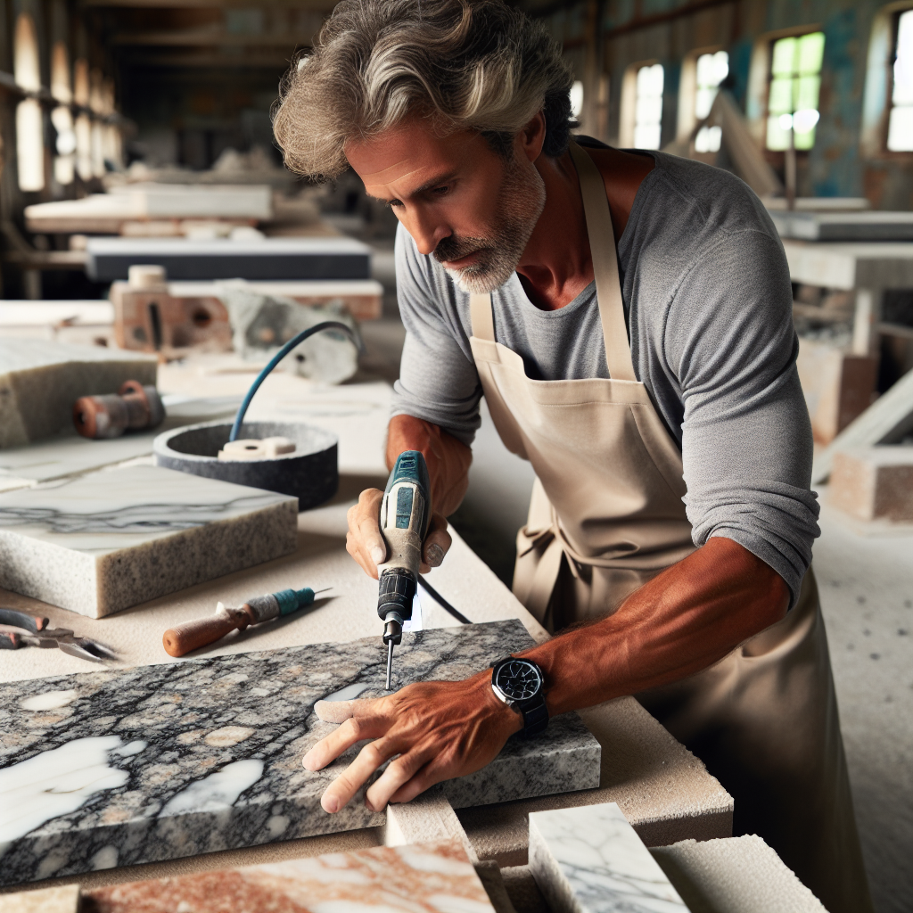 Artisans at Absolute Marble and Granite in Pompano Beach crafting a high-quality countertop from materials like quartz, granite, or porcelain.