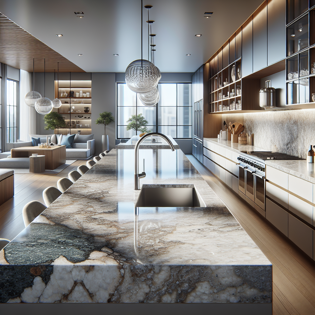 Realistic kitchen scene focusing on the durable and clean surface of a custom-designed quartz countertop, illustrating its strength, non-porous nature, and aesthetic versatility without any text or figures.