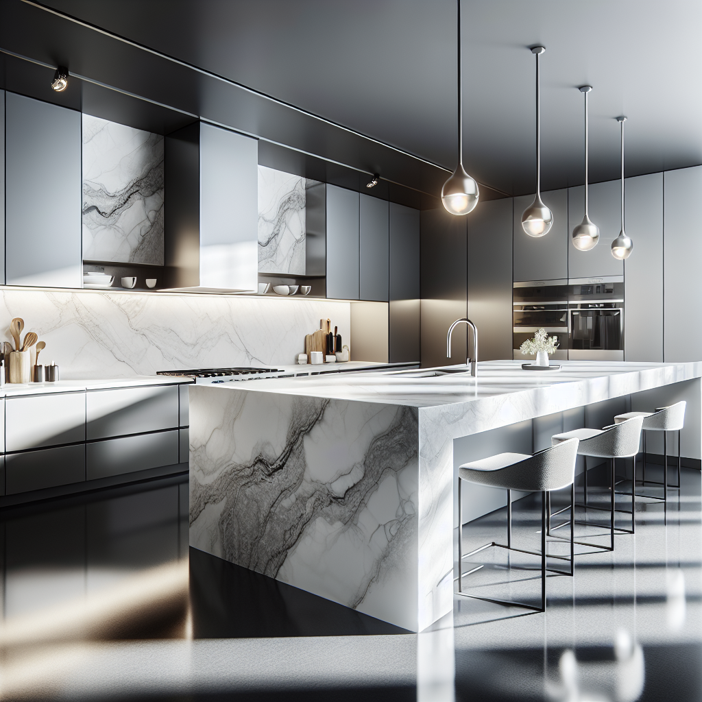 Hyper-realistic image of a stylish kitchen with a quartz countertop, displaying its durability and versatility, without any text or logos.