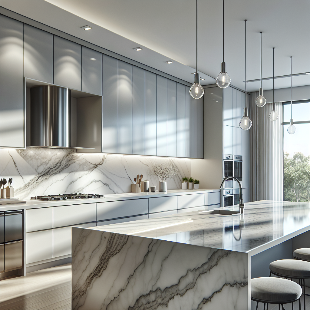 A modern kitchen with a large, elegant quartz countertop, reflecting light, with a contemporary design highlighting the quartz's qualities.