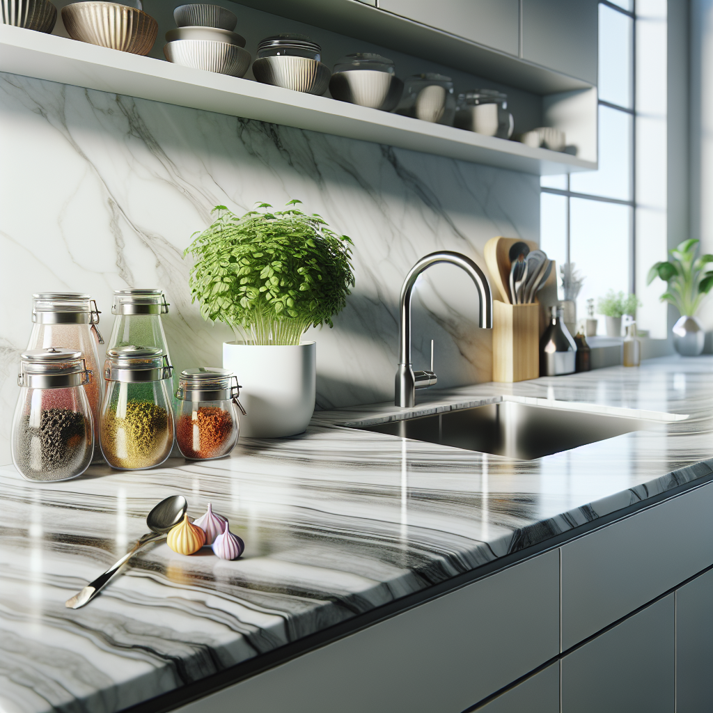 Modern minimalist kitchen with a glossy white and grey veined quartz countertop, accessorized with kitchen items, reflecting cleanliness and a chic design.