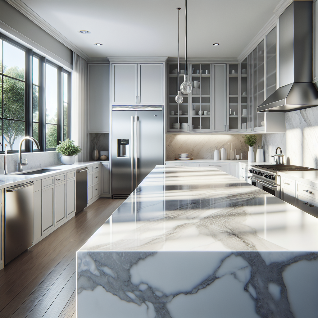 Modern Florida kitchen with white quartz countertops, stainless steel appliances, and bright sunshine.