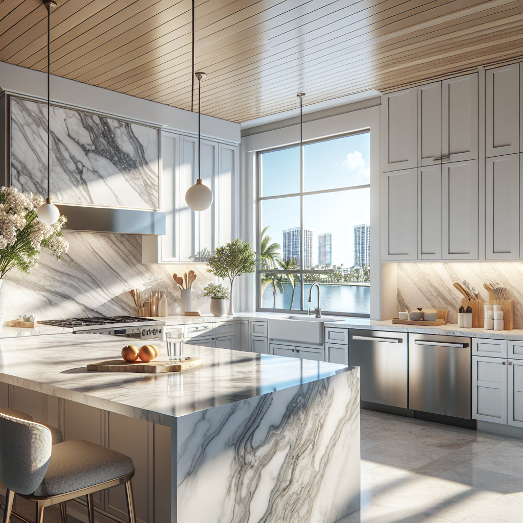 Contemporary kitchen with a quartz countertop, stainless steel appliances, white cabinets, and a window letting in sunlight.