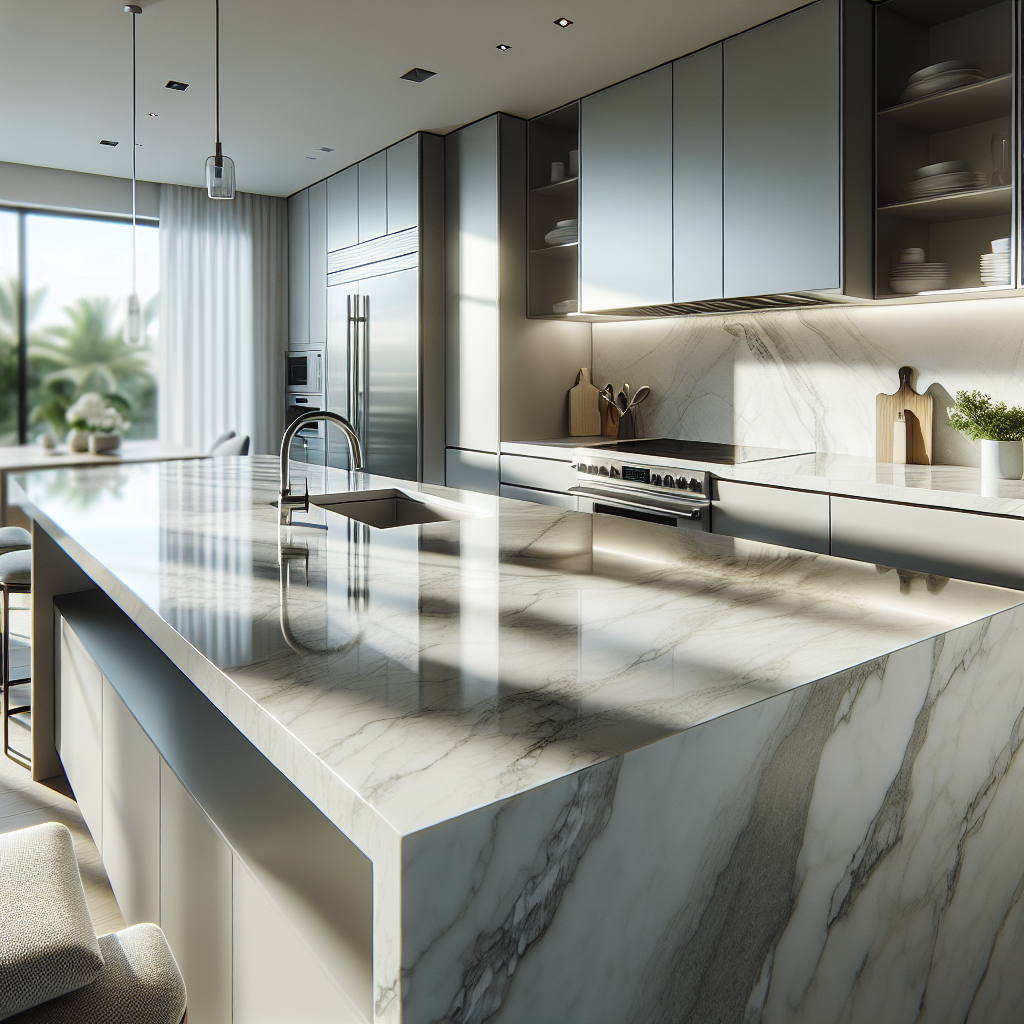 Luxurious modern kitchen with polished quartz countertop, reflecting a soft, natural light that emphasizes a stain-resistant and non-porous surface in a clean Florida home setting.