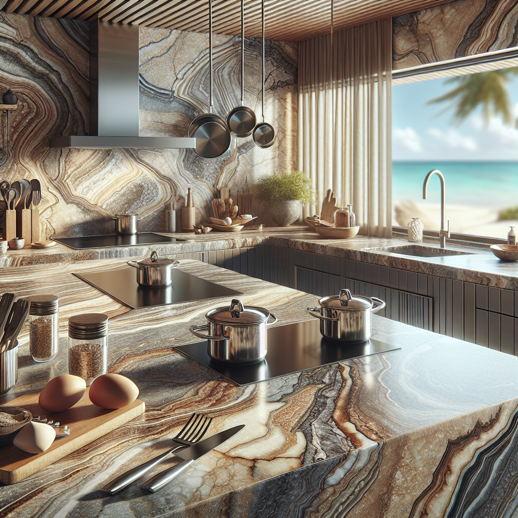 Realistic image of a well-lit kitchen with unique granite countertops, featuring durable qualities and set against a subtle beach-themed backdrop.