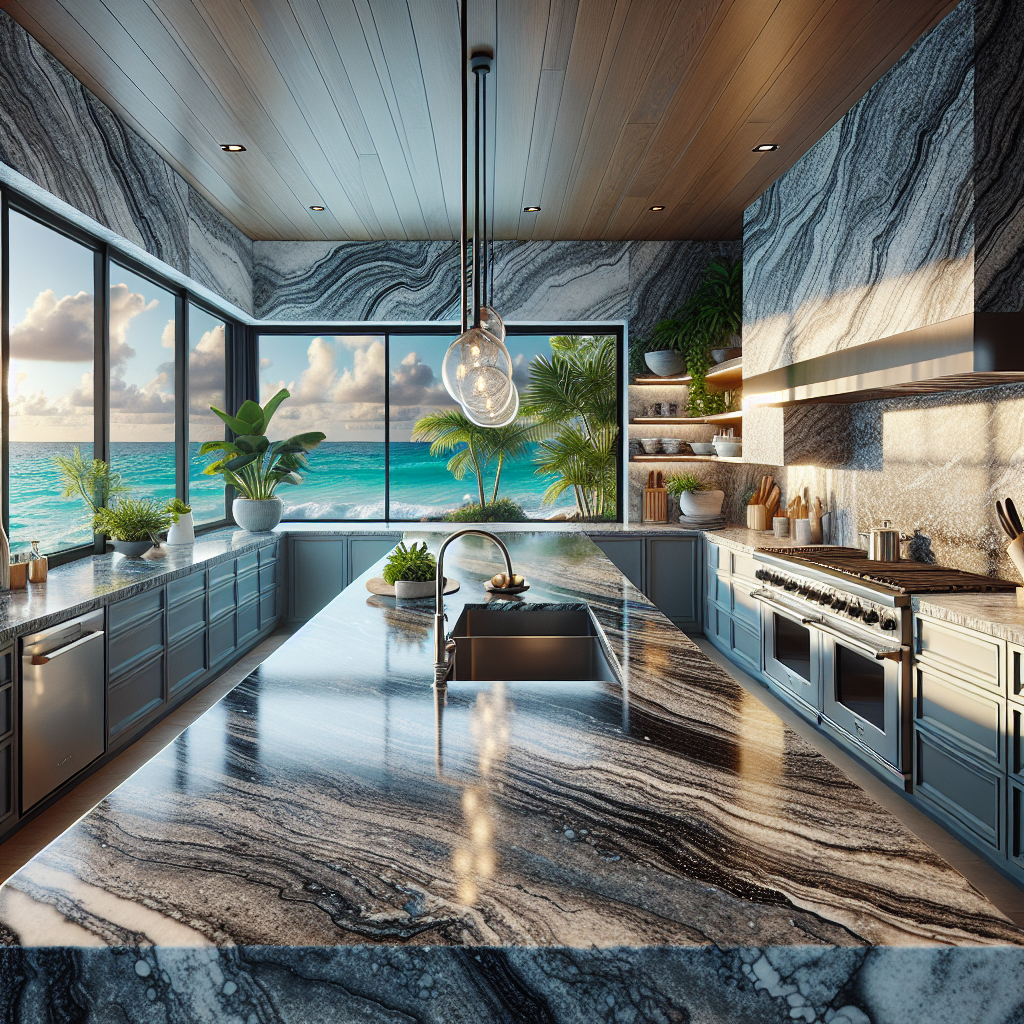 Realistic kitchen interior with granite countertops, stainless steel appliances, and an ocean-inspired color palette, bathed in natural light.