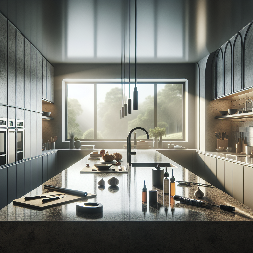 Modern kitchen with professionally installed granite countertops and state-of-the-art tools, depicted in a realistic style with natural lighting.