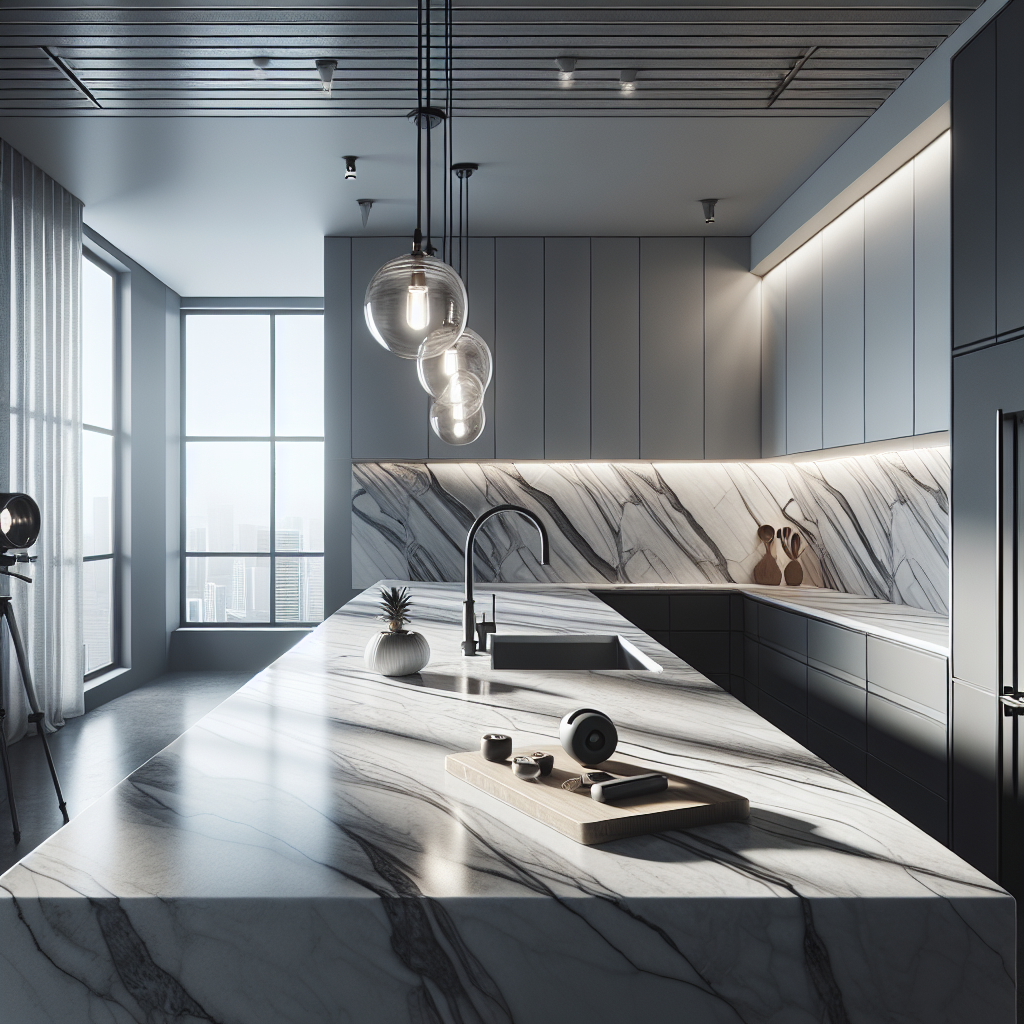 A modern kitchen with a professionally installed white marble countertop, showcasing the precision of the installation and ambient lighting that emphasizes the countertop's quality.