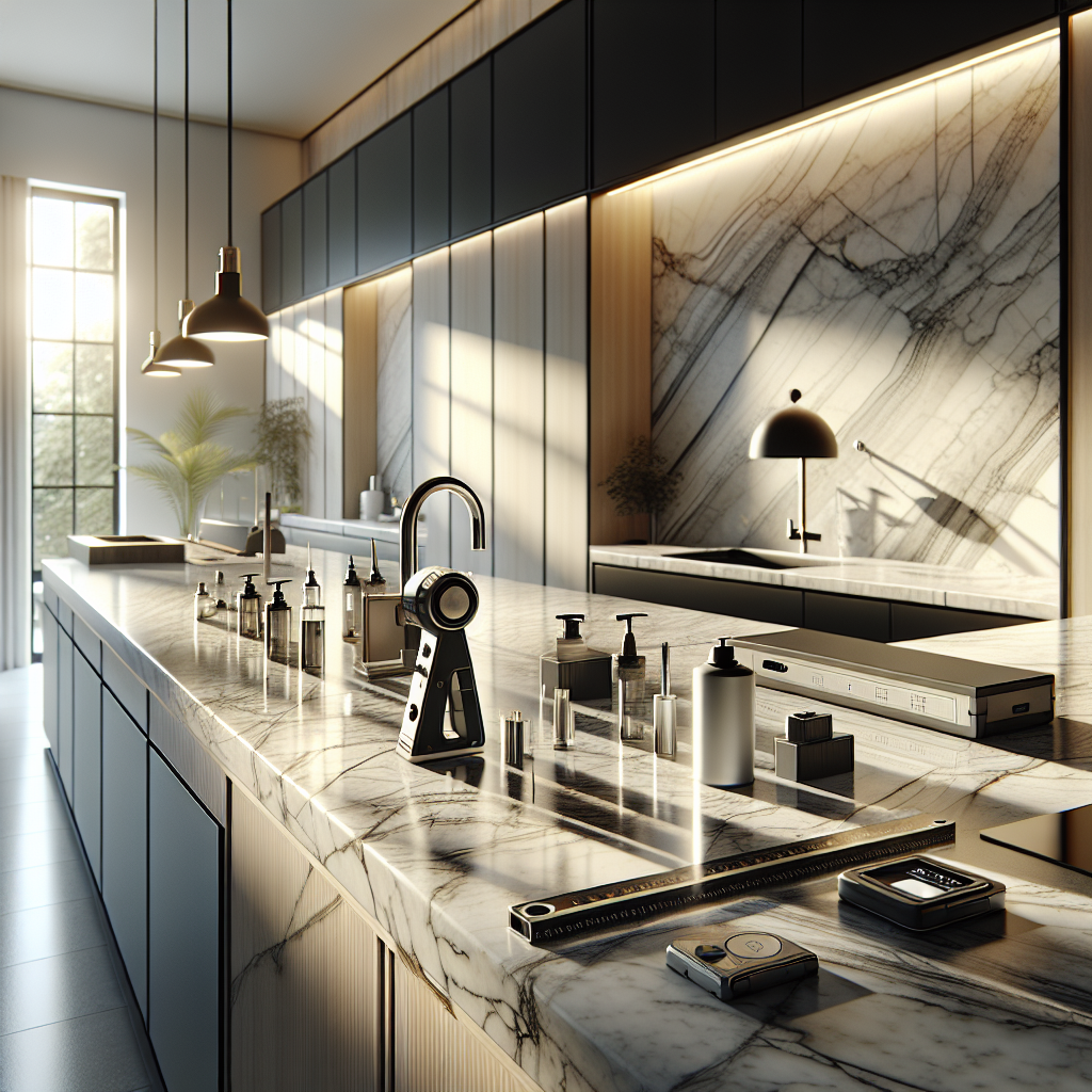 A modern kitchen with a professionally installed marble countertop, precise tools, and welcoming natural lighting.